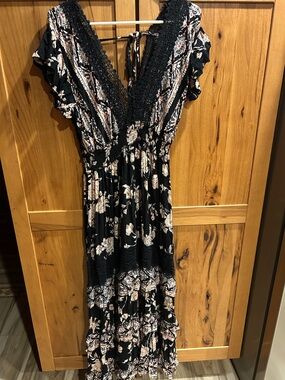 Angie Black Maxi Dress with Cream Floral Print and Lace Trim
